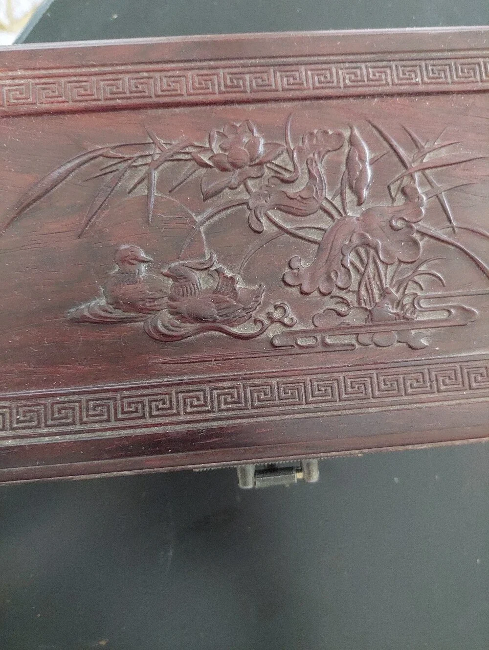 Carved Chinese Wooden Jewelry Box with Metal Latch - Dark Brown